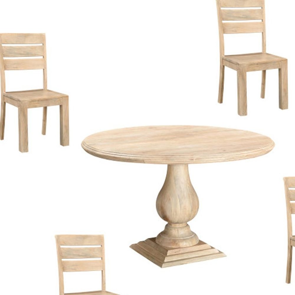 Five Piece Beige Round Solid Wood Dining Set with Four Chairs