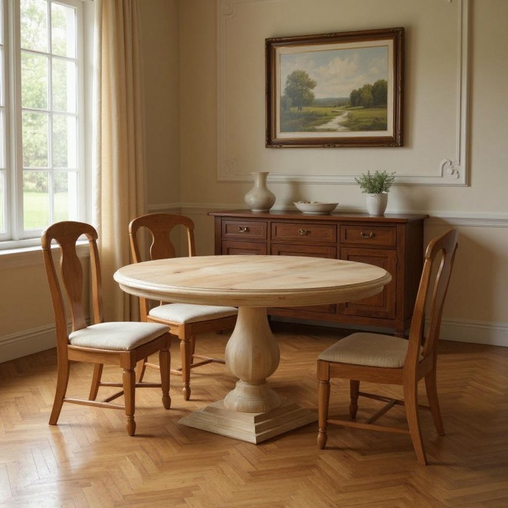Five Piece Beige Round Solid Wood Dining Set with Four Chairs in a home interior