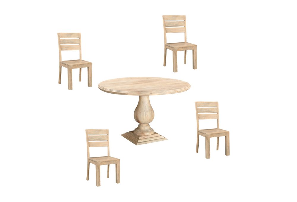 Five Piece Beige Round Solid Wood Dining Set with Four Chairs