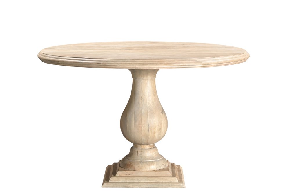 Five Piece Beige Round Solid Wood Dining Set with Four Chairs on a white background