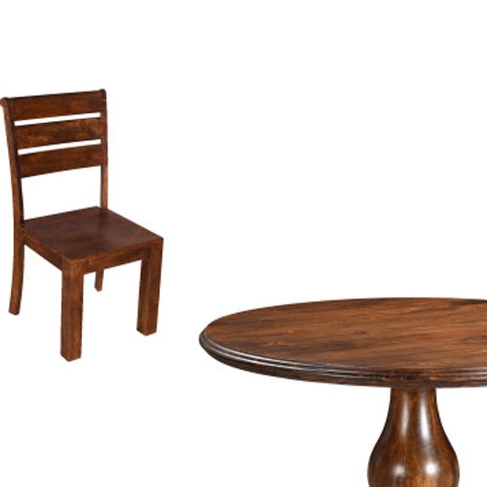 Five Piece Brown Round Solid Wood Dining Set with Four Chairs