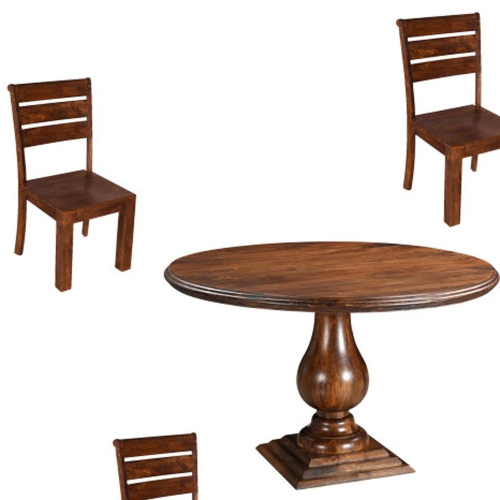 Five Piece Brown Round Solid Wood Dining Set with Four Chairs
