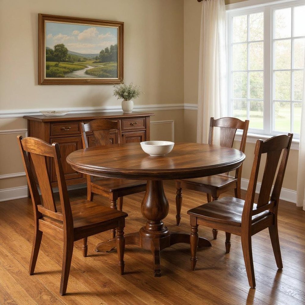 Five Piece Brown Round Solid Wood Dining Set with Four Chairs in a home interior