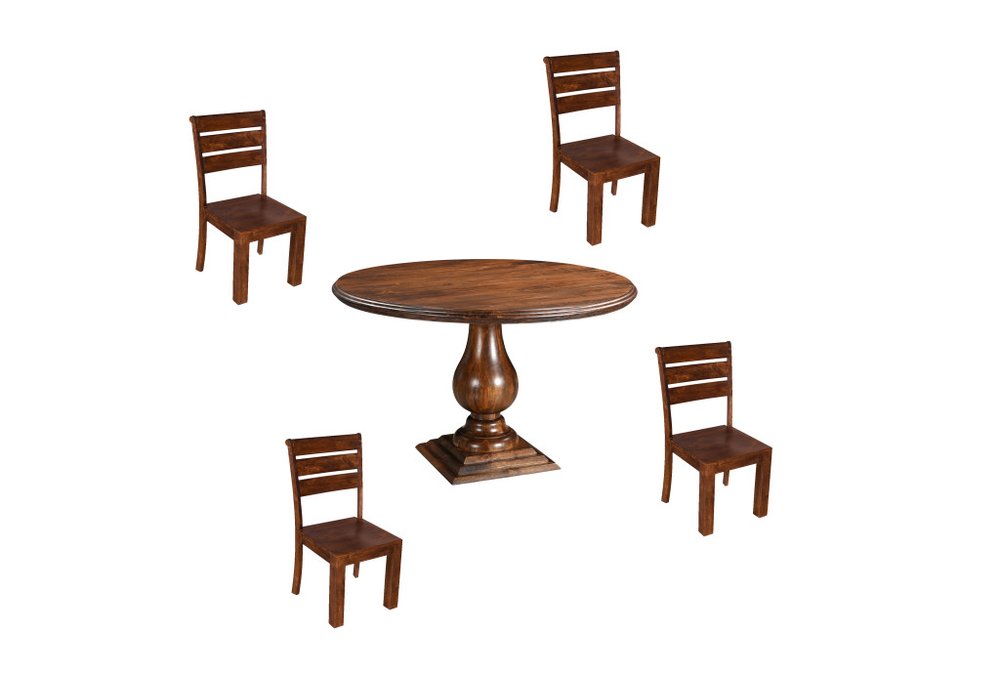 Five Piece Brown Round Solid Wood Dining Set with Four Chairs