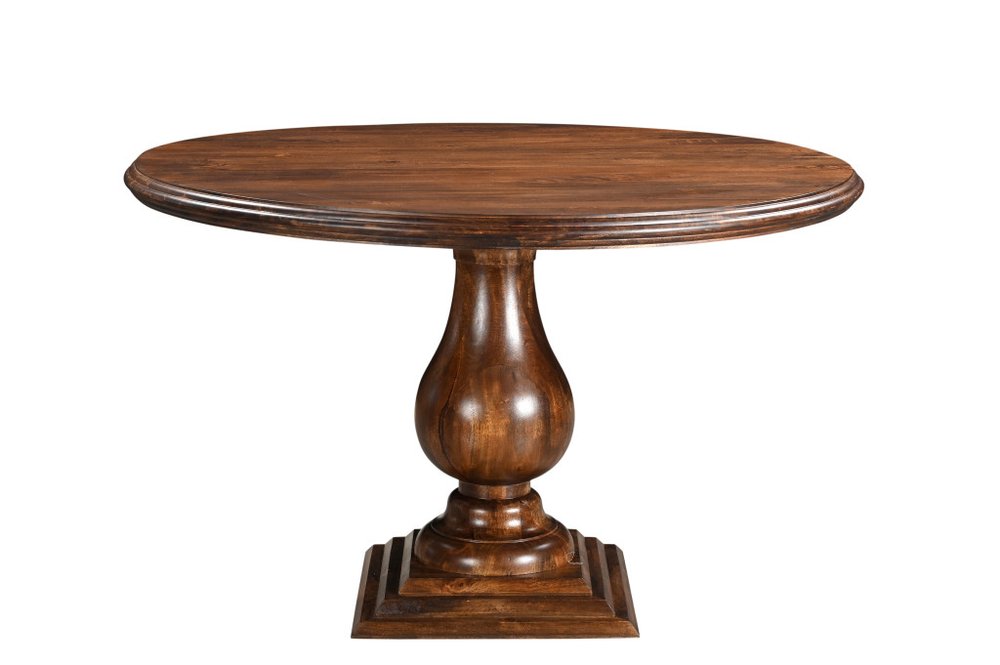 Five Piece Brown Round Solid Wood Dining Set with Four Chairs on a white background