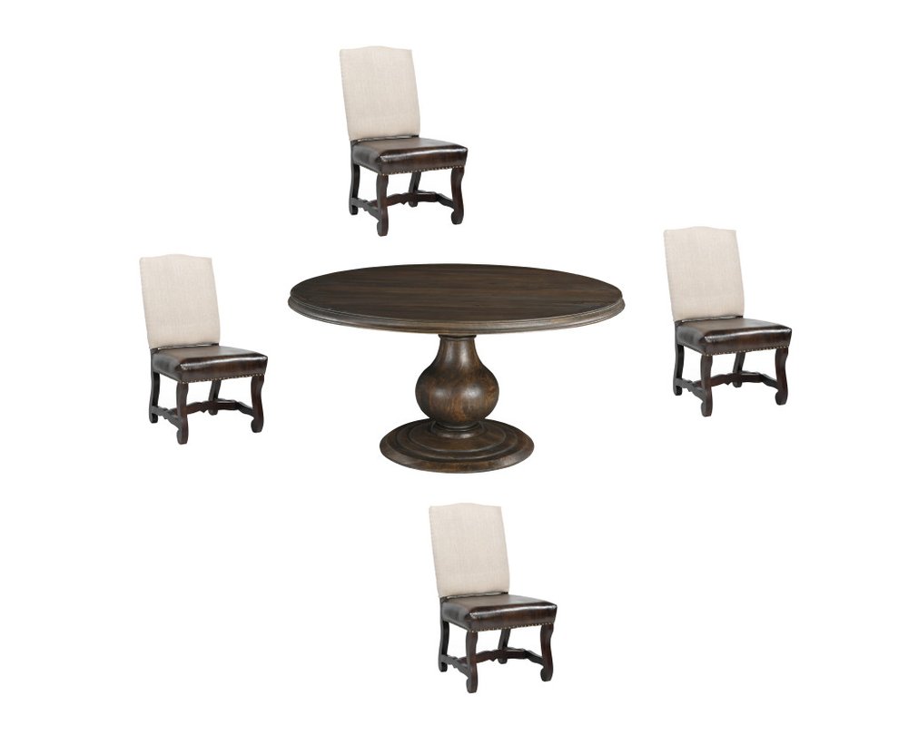 Five Piece Brown Round Solid Wood Dining Set with Four Chairs