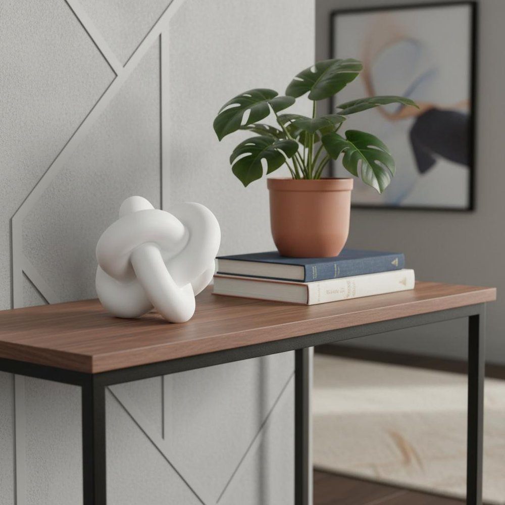 5" White Resin Knot Tabletop Sculpture displayed on a tabletop in a furnished interior against a light gray wall.