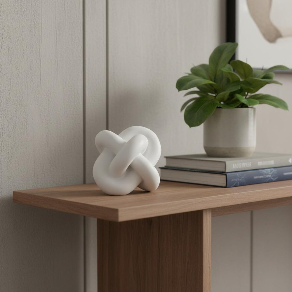 5" White Resin Knot Tabletop Sculpture displayed on a dark wood tabletop in a furnished interior against a light gray wall.
