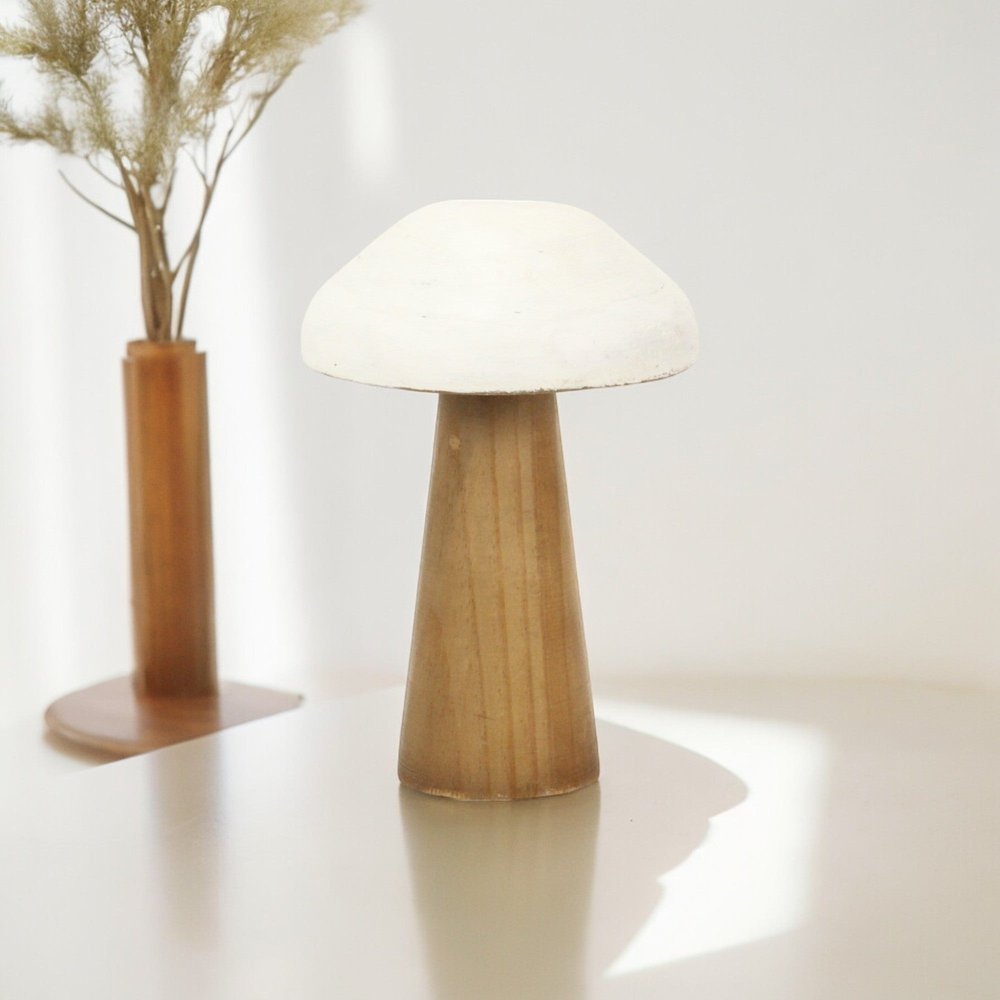 9" Brown And White Wood Hand Painted Mushroom Tabletop Sculpture