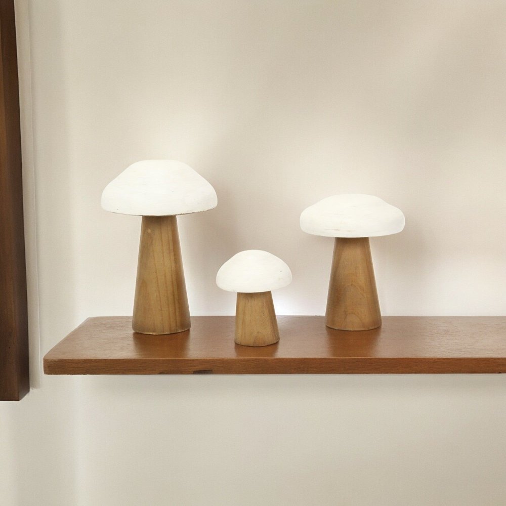 9" Brown And White Wood Hand Painted Mushroom Tabletop Sculpture