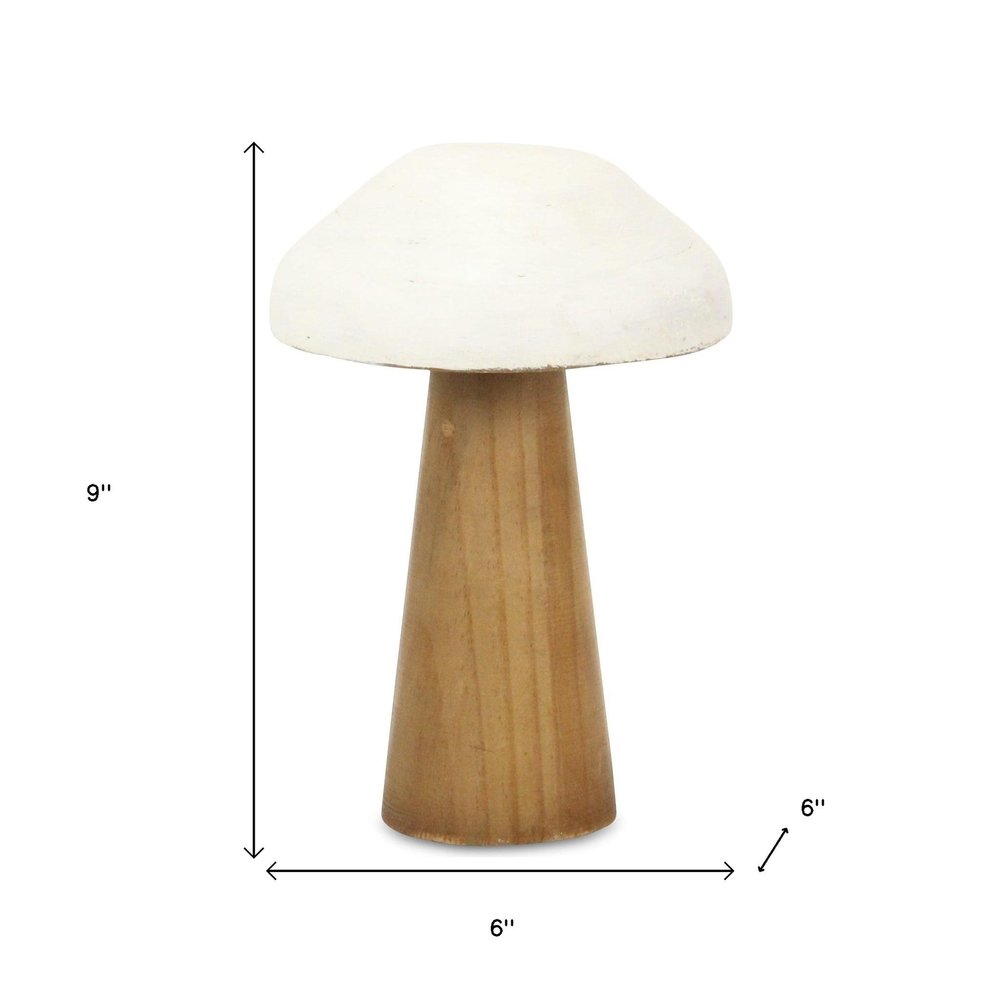 9" Brown And White Wood Hand Painted Mushroom Tabletop Sculpture