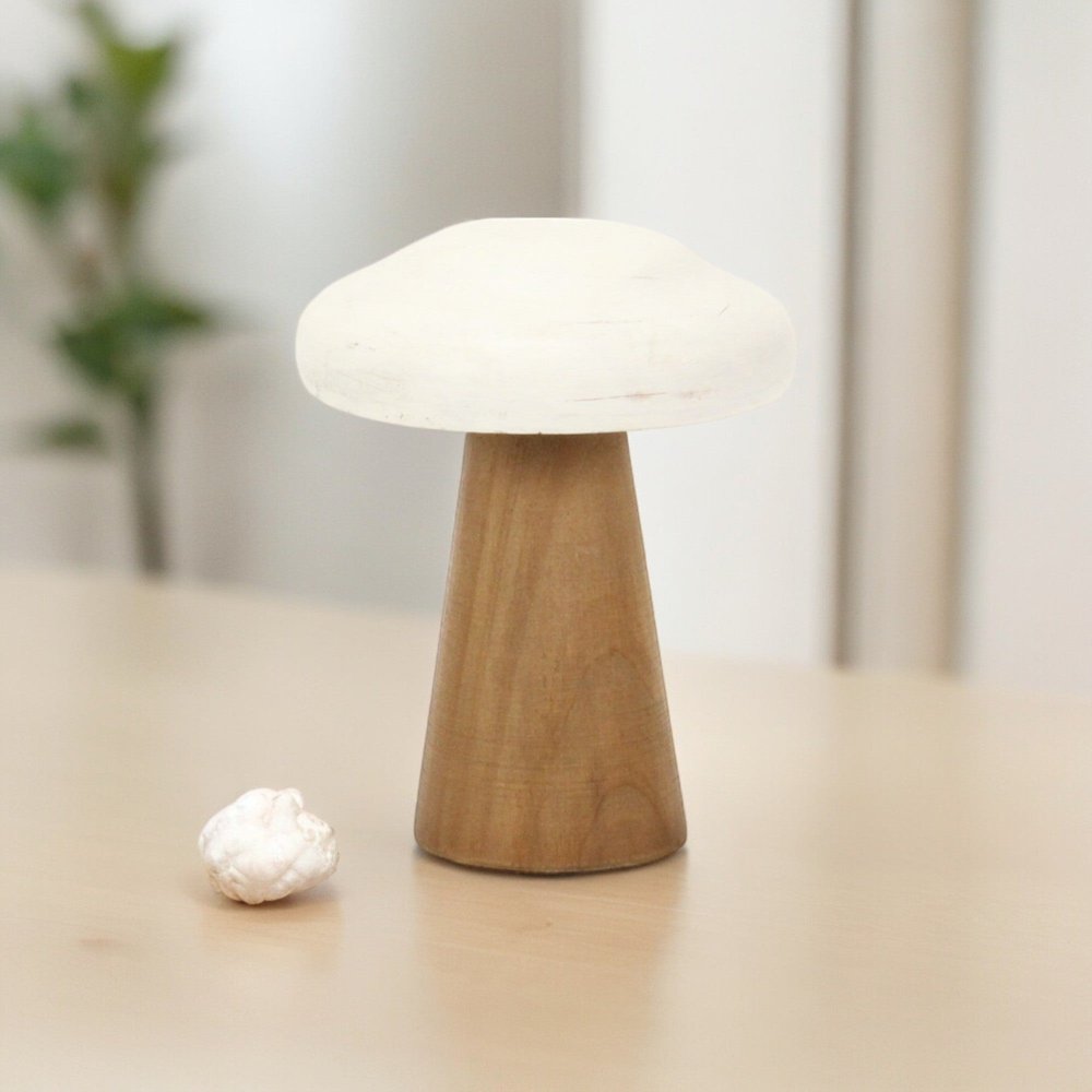 7" Brown And White Wood Hand Painted Mushroom Tabletop Sculpture