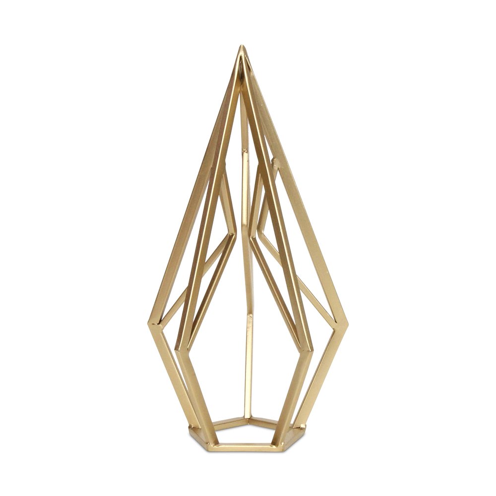 14" Gold Metal Open Geometric Tabletop Sculpture. Sculpture isolated on a plain white background, showing a gold metal surface.