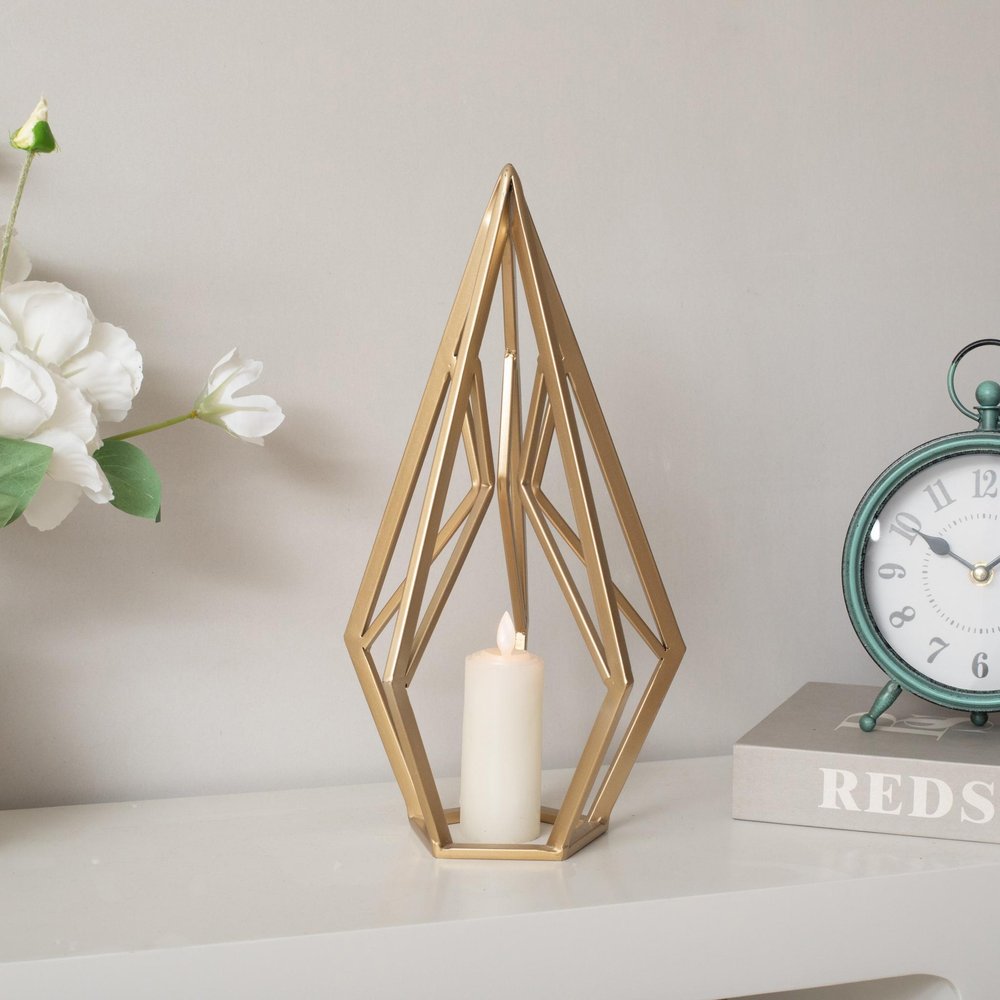 14" Gold Metal Open Geometric Tabletop Sculpture. Sculpture isolated on a plain white background, showing a gold metal surface.