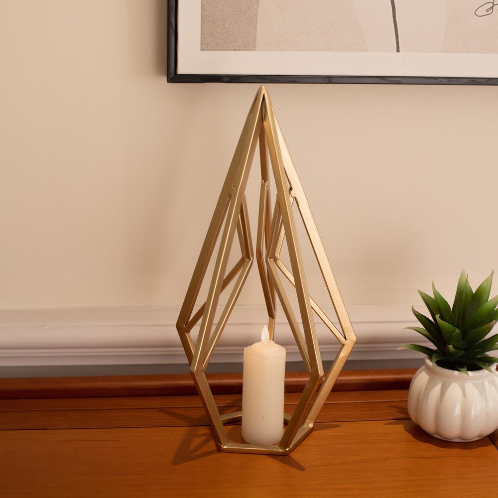 14" Gold Metal Open Geometric Tabletop Sculpture. Sculpture in gold metal.