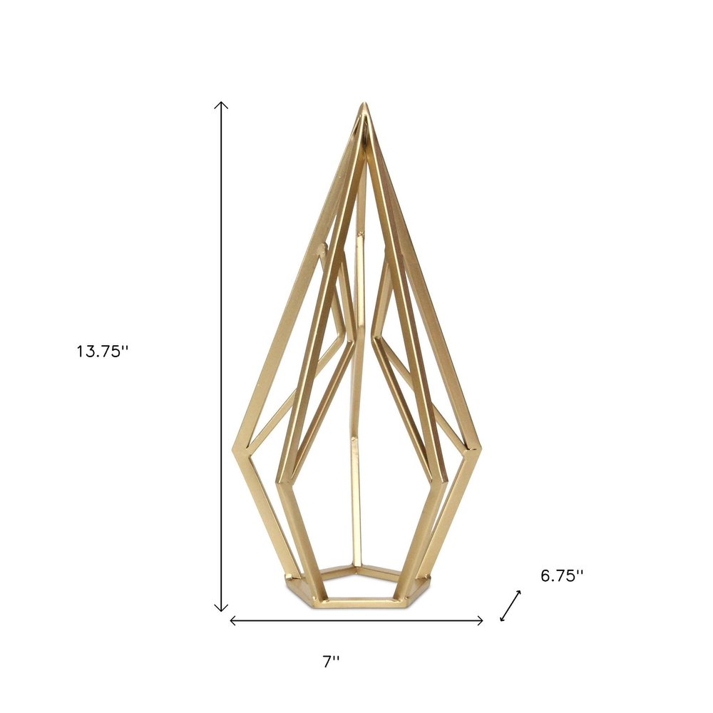14" Gold Metal Open Geometric Tabletop Sculpture. Sculpture isolated on a plain white background, in a gold metal finish.