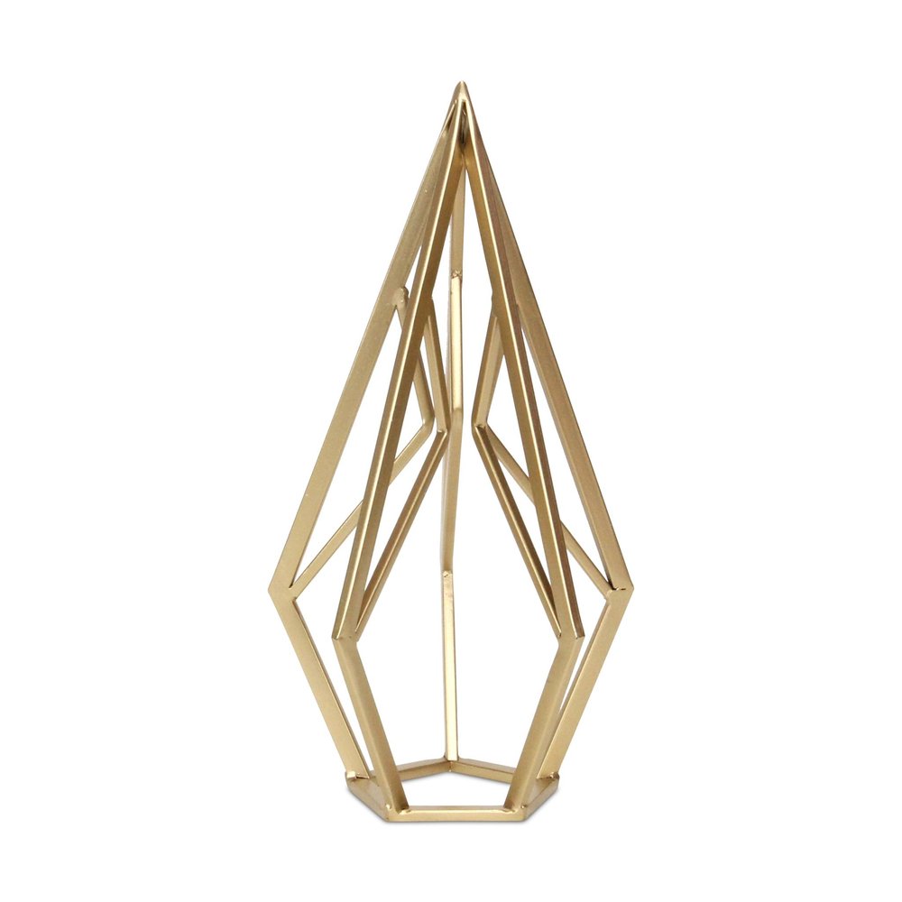 14" Gold Metal Open Geometric Tabletop Sculpture. Sculpture isolated on a plain white background, in a gold metal finish.