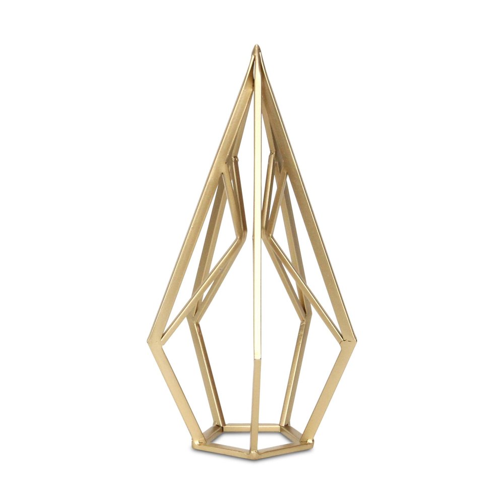 14" Gold Metal Open Geometric Tabletop Sculpture. Sculpture isolated on a plain white background, finished in gold metal.