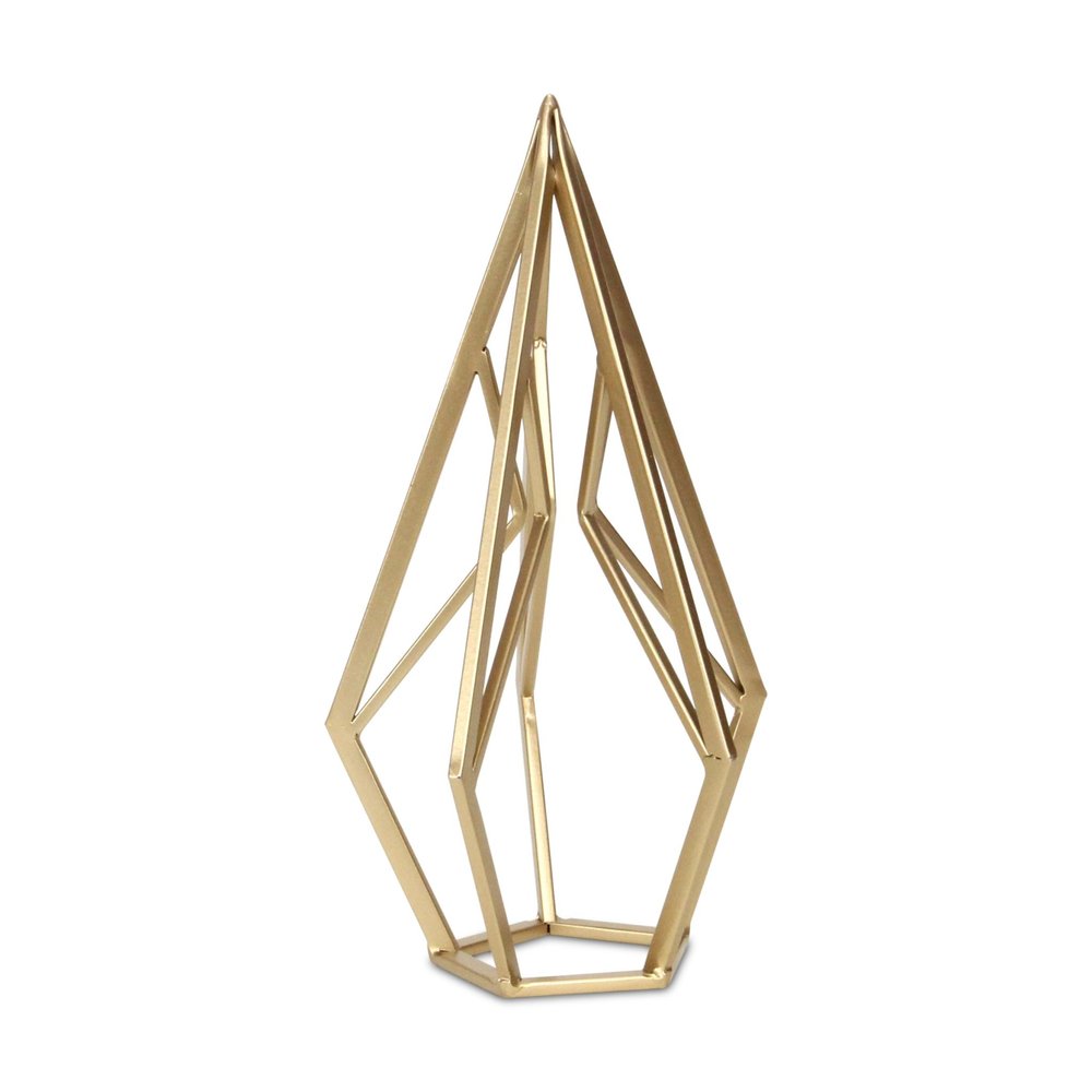 14" Gold Metal Open Geometric Tabletop Sculpture. Sculpture isolated on a plain white background, showing a gold metal surface.