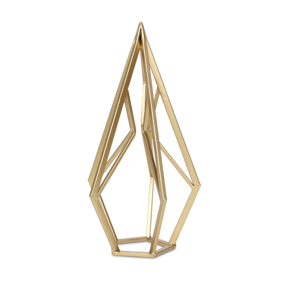 14" Gold Metal Open Geometric Tabletop Sculpture. Sculpture isolated on a plain white background, in a gold metal finish.