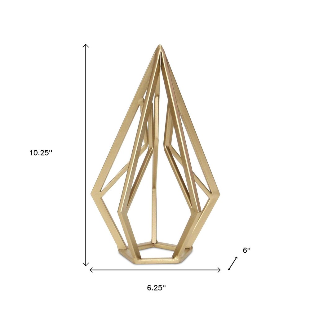 10" Gold Metal Open Geometric Tabletop Sculpture. Sculpture isolated on a plain white background, showing a gold metal surface.
