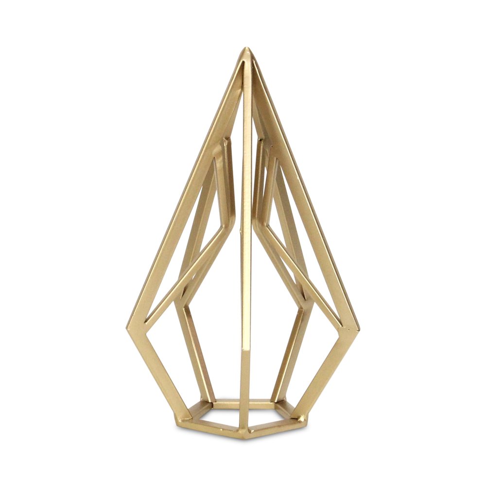 10" Gold Metal Open Geometric Tabletop Sculpture. Sculpture isolated on a plain white background, finished in gold metal.