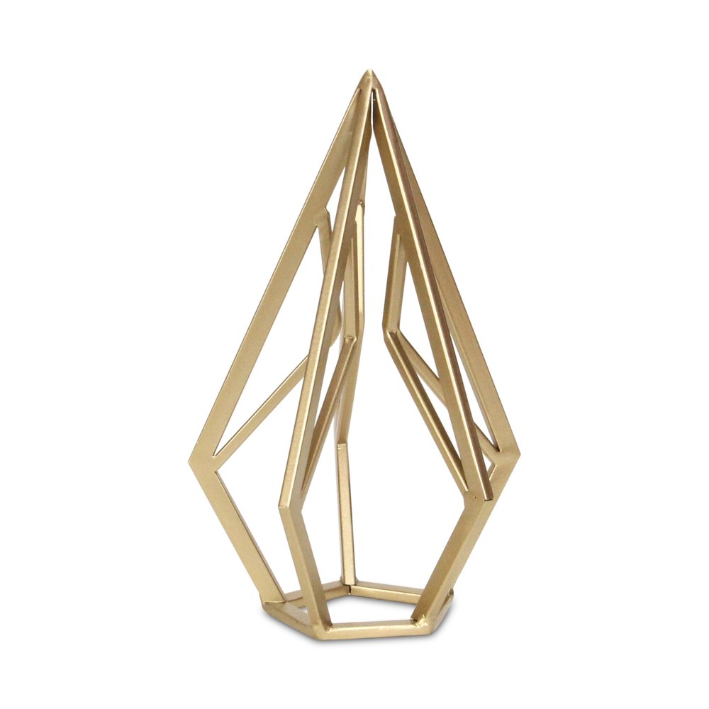 10" Gold Metal Open Geometric Tabletop Sculpture. Sculpture isolated on a plain white background, showing a gold metal surface.