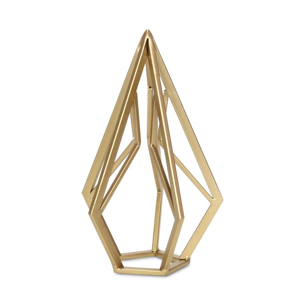 10" Gold Metal Open Geometric Tabletop Sculpture. Sculpture isolated on a plain white background, finished in gold metal.