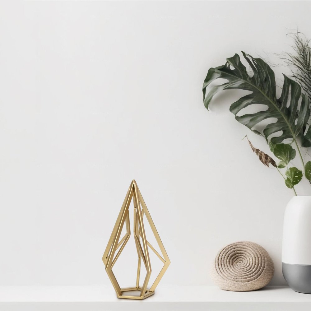 10" Gold Metal Open Geometric Tabletop Sculpture. Sculpture isolated on a plain white background, in a gold metal finish.