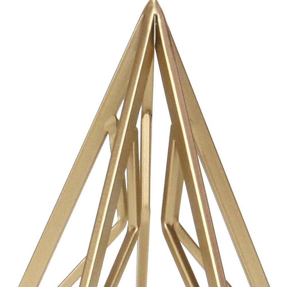 10" Gold Metal Open Geometric Tabletop Sculpture. Sculpture isolated on a plain white background, showing a gold metal surface.