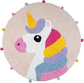 Round pink bath rug with a colorful unicorn design and pom-pom trim.