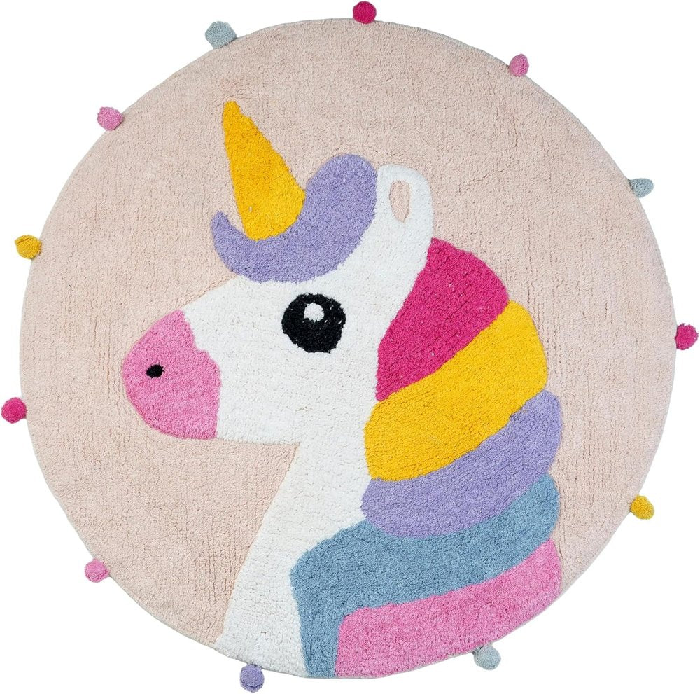 Round pink bath rug with a colorful unicorn design and pom-pom trim.