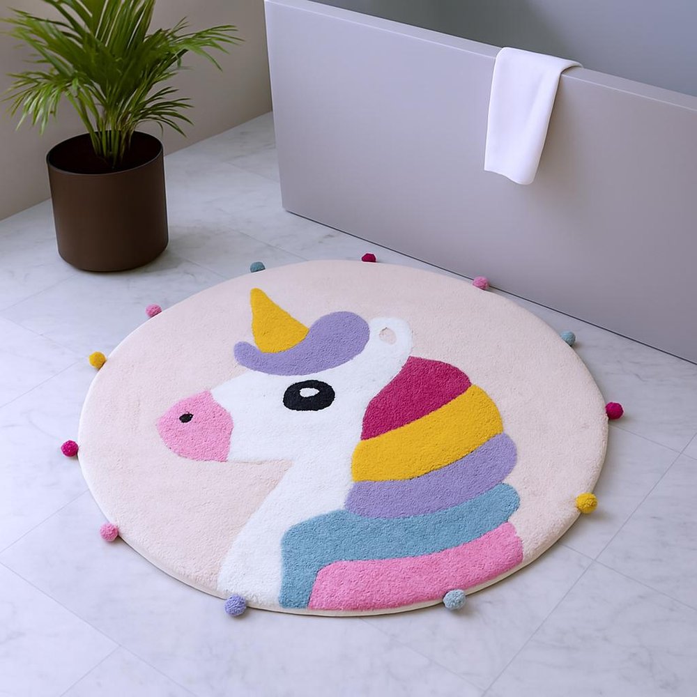 32" Pink And Yellow Cotton Unicorns Round Youthful Bath Rug shown outdoors on an outdoor setting.