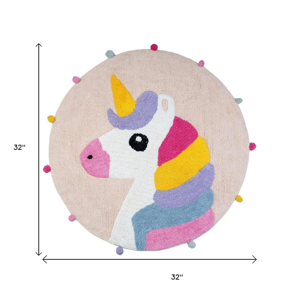 32" Pink And Yellow Cotton Unicorns Round Youthful Bath Rug. Bath rug isolated on a plain white background, in a yellow cotton finish.