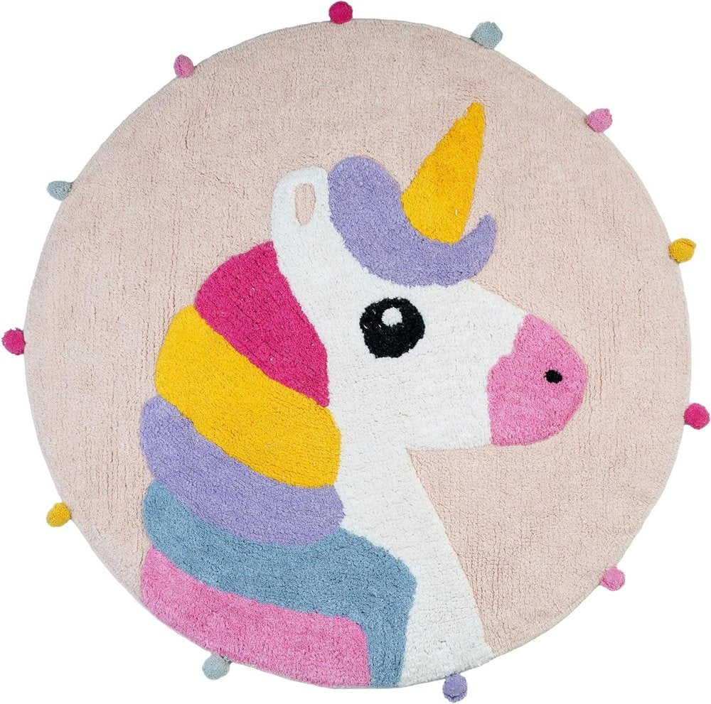 32" Pink And Yellow Cotton Unicorns Round Youthful Bath Rug. Bath rug isolated on a plain white background, showing a yellow cotton surface.
