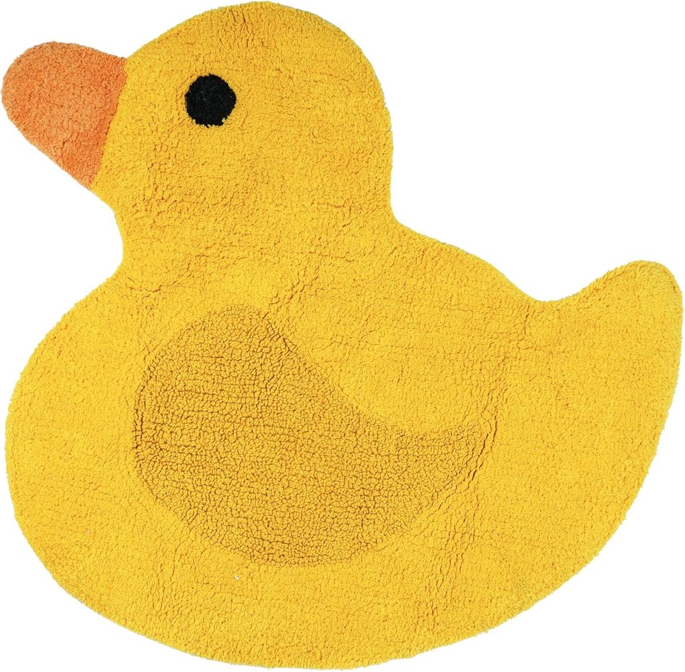 25" Yellow Cotton Rubber Duckie Youthful Bath Rug. Bath rug isolated on a plain white background, finished in yellow cotton.