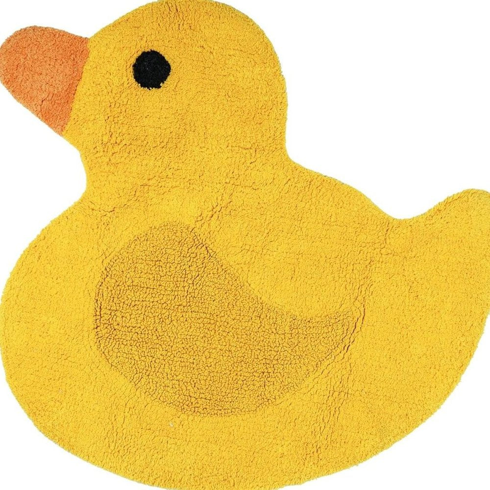 25" Yellow Cotton Rubber Duckie Youthful Bath Rug. Bath rug isolated on a plain white background, showing a yellow cotton surface.