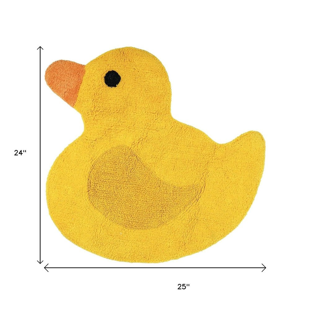 25" Yellow Cotton Rubber Duckie Youthful Bath Rug. Bath rug isolated on a plain white background, in a yellow cotton finish.