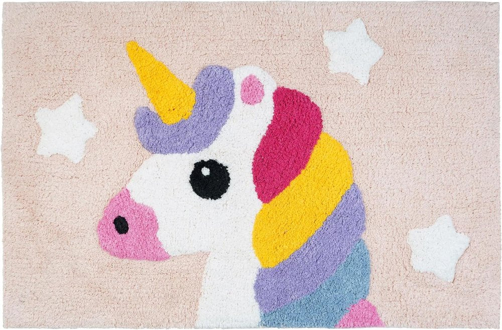 32" Pink And Yellow Cotton Unicorns Youthful Bath Rug. Bath rug isolated on a plain white background, showing a yellow cotton surface.
