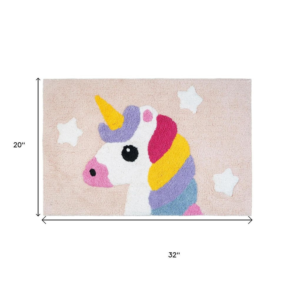 32" Pink And Yellow Cotton Unicorns Youthful Bath Rug. Bath rug isolated on a plain white background, finished in yellow cotton.