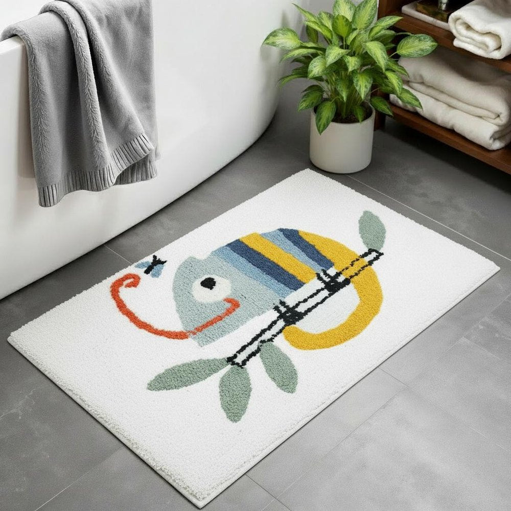 32" White And Yellow Cotton Chameleon Youthful Bath Rug laid on a tiled floor in a furnished interior.