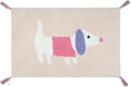 A pink and purple cotton bath rug with a white dog design and tassels on the corners.