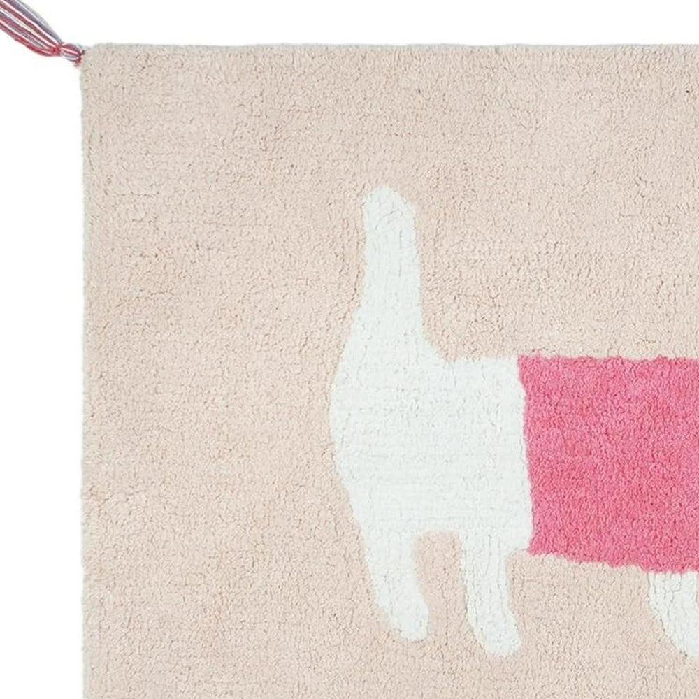 32" Pink And Purple Cotton Dog Youthful Bath Rug. Bath rug isolated on a plain white background, finished in pink cotton.