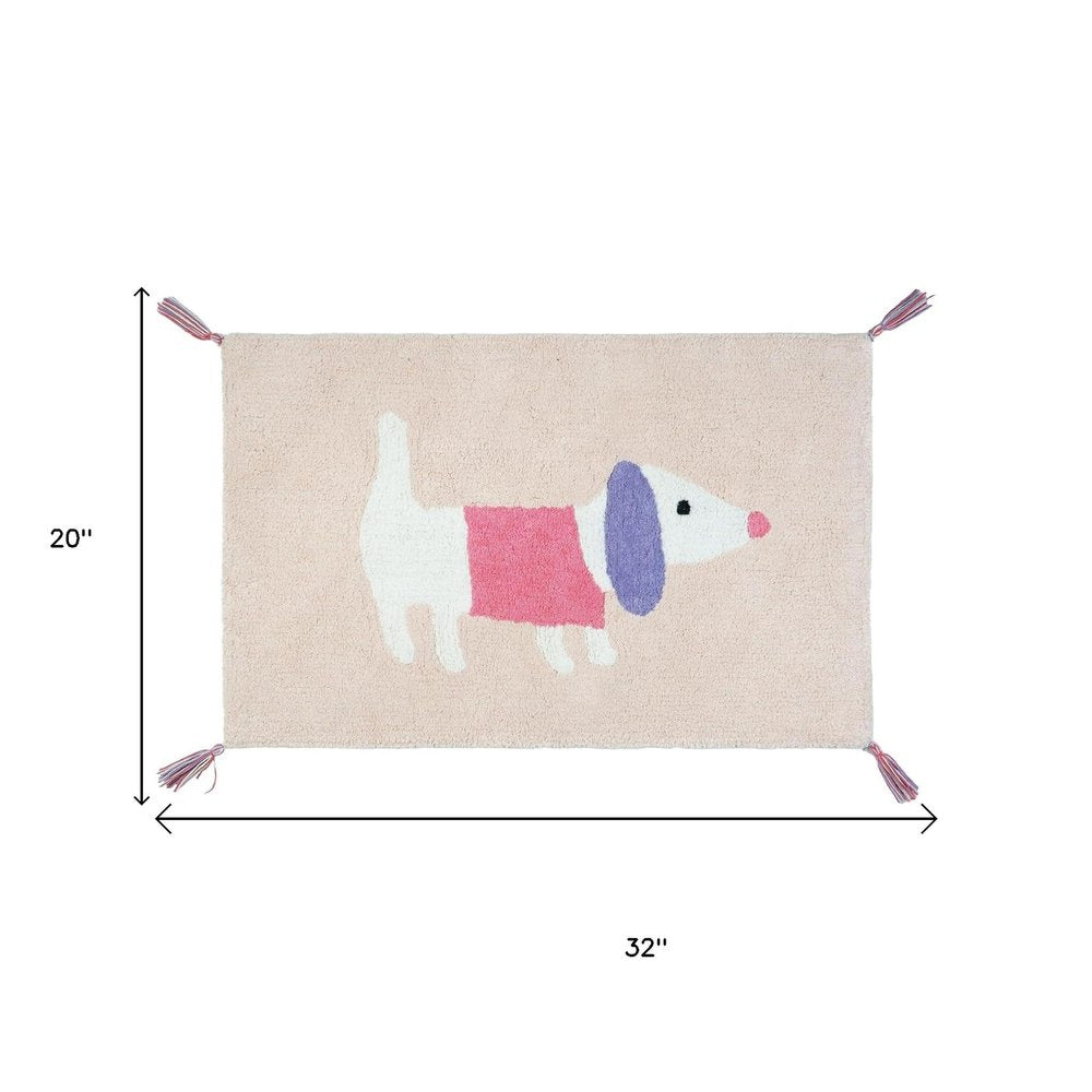 32" Pink And Purple Cotton Dog Youthful Bath Rug. Bath rug isolated on a plain white background, showing a cotton surface.