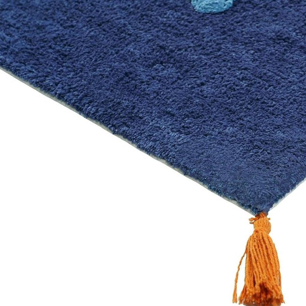 32" Blue Orange And White Cotton Dog Youthful Bath Rug. Bath rug in blue cotton.