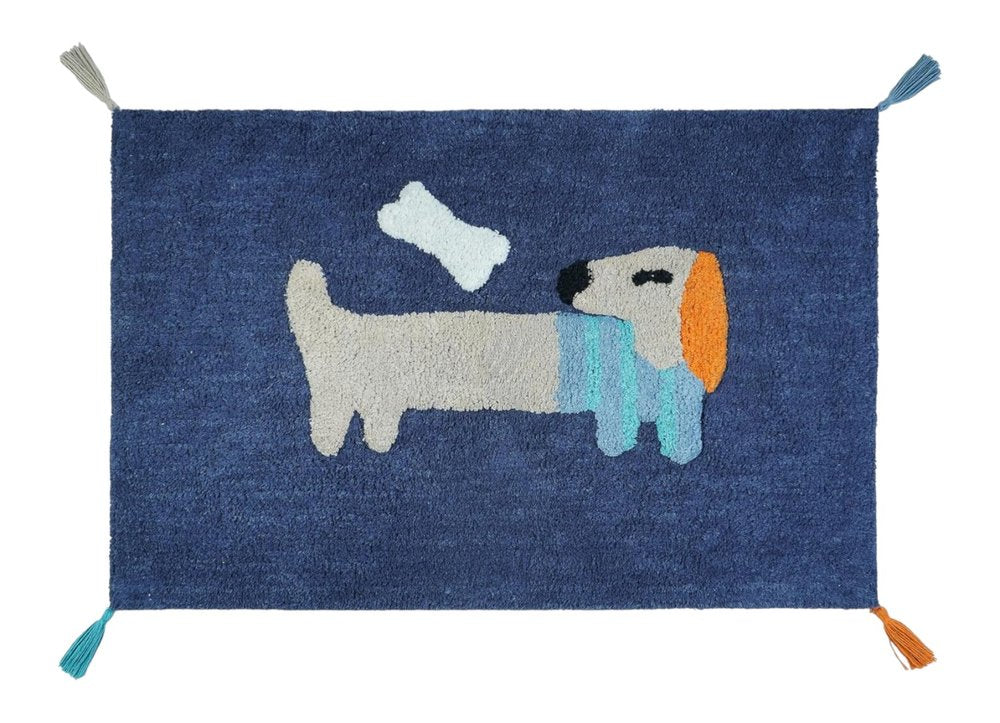 32" Blue Orange And White Cotton Dog Youthful Bath Rug. Bath rug isolated on a plain white background, showing a blue cotton surface.
