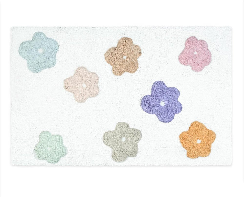 32" Pink And White Cotton Flowers Floral Floral Bath Rug. Bath rug isolated on a plain white background, showing a white cotton surface.
