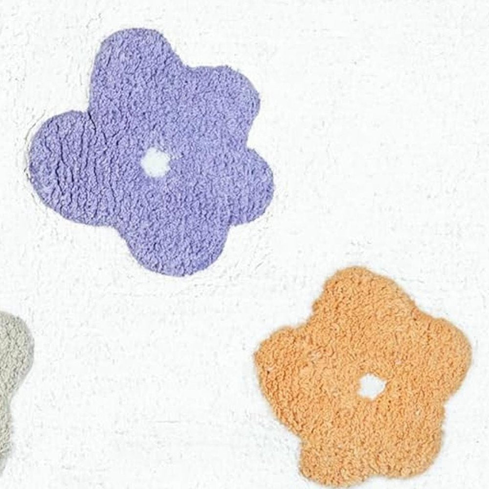32" Pink And White Cotton Flowers Floral Floral Bath Rug. Bath rug isolated on a plain white background, showing a cotton surface.
