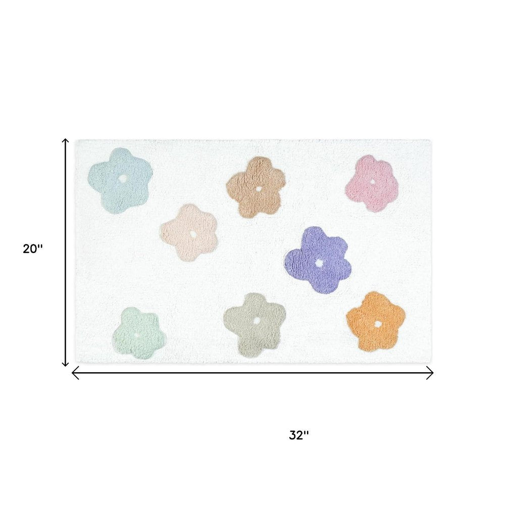 32" Pink And White Cotton Flowers Floral Floral Bath Rug. Bath rug isolated on a plain white background, finished in white cotton.