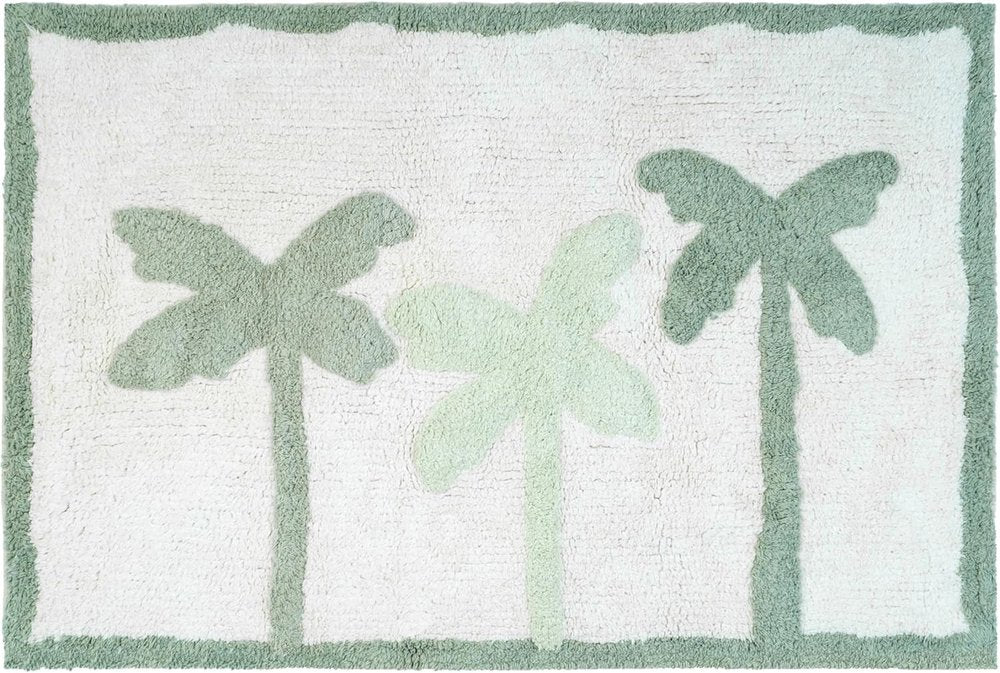 32" Green And White Cotton Palm Trees Bath Rug. Bath rug isolated on a plain white background, finished in white cotton.